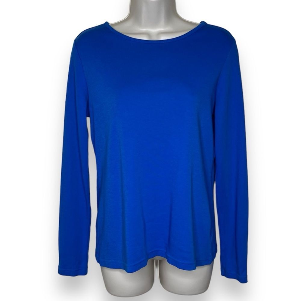 Kim Rogers Royal Blue Boat Neck Long Sleeve Cotton T Shirt Women Size Small